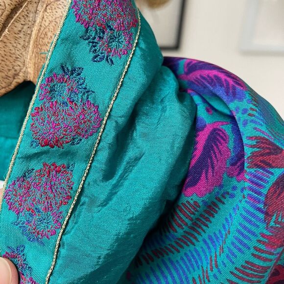 Vintage 90s 94 Lady Lavon Teal Satin Print Winderbreaker Jacket 1X - Picture 7 of 11